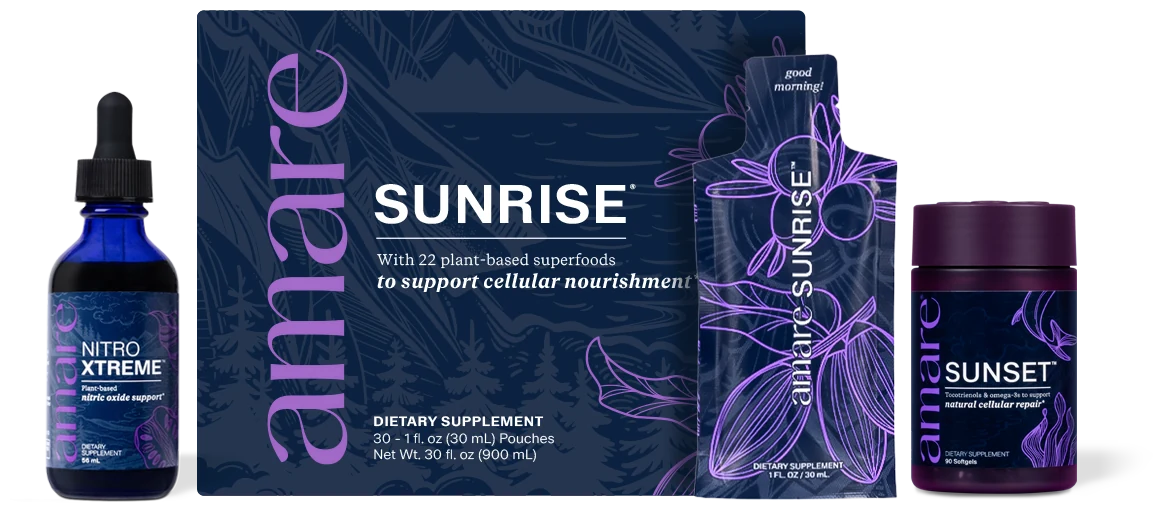 Amare Triangle of Health Xtreme: Nitro Xtreme, Sunrise box and pouch, and Sunset softgels